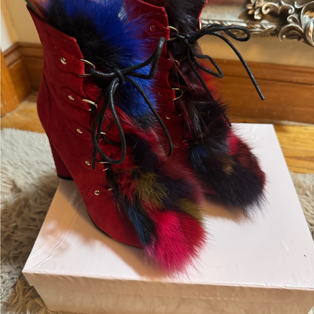 Vibrant Red Lace-Up Boots with Multicolor Fur